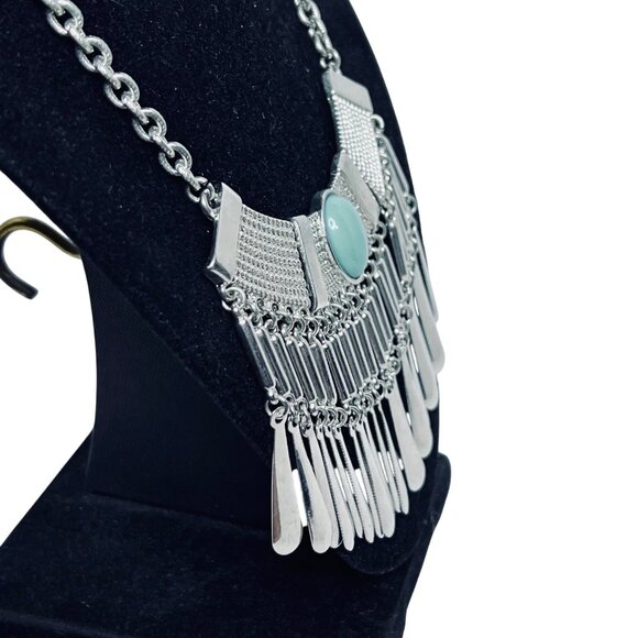 Silver Tone Statement Necklace W/Blue/Green Cabochon And Dangling Fringe (5533) - Picture 3 of 6